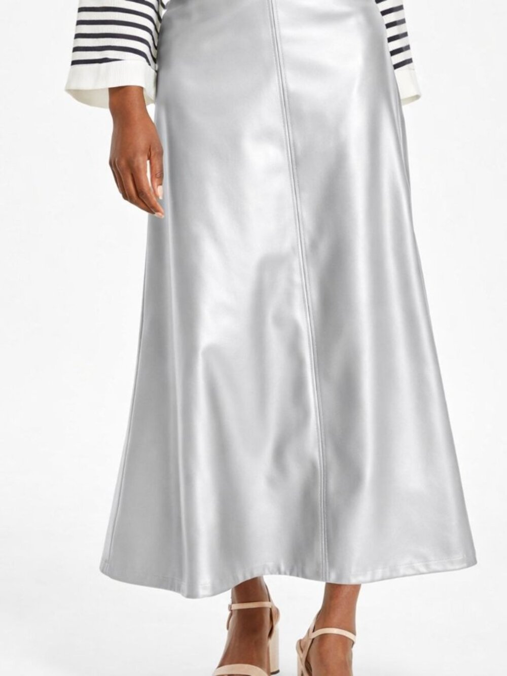 $89 Vince Camuto Women's Faux-Leather Seamed Maxi Silver Skirt